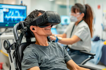 Naklejka premium Asian young male patient uses modern technology such as VR headset while sitting in chair undergoing examination under doctor's supervision in clinic
