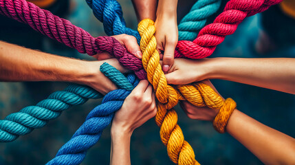 The team rope diverse strength connect partnership together teamwork unity communicate support, Strong diverse network rope team, color of rope.