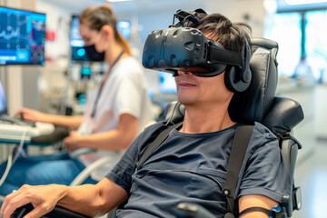 Asian male patient uses modern technology such as VR headset while sitting in chair undergoing research under doctor's supervision in clinic