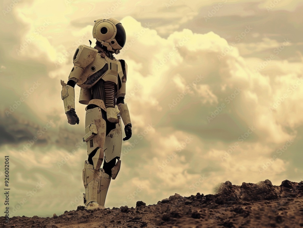 Poster futuristic humanoid robot standing on barren terrain with a cloudy sky in the background with copy s