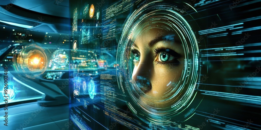 Poster close-up of a holographic display projecting 3d images, illustrating the advanced and imaginative te