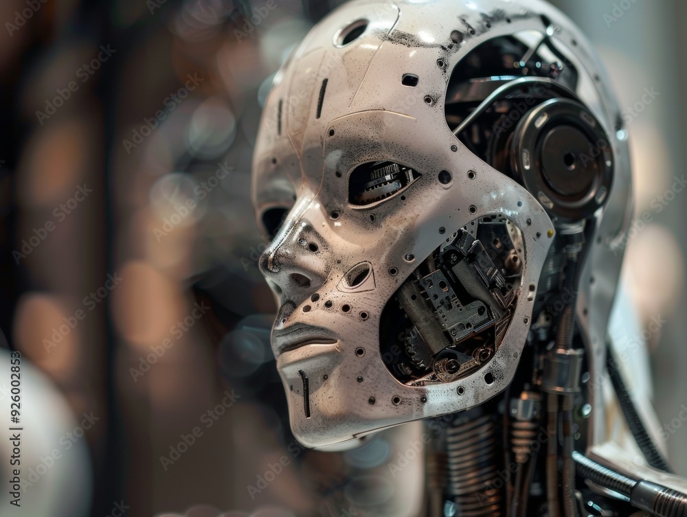 Poster a detailed close-up of a robotic face with exposed internal components, showcasing advanced robotics