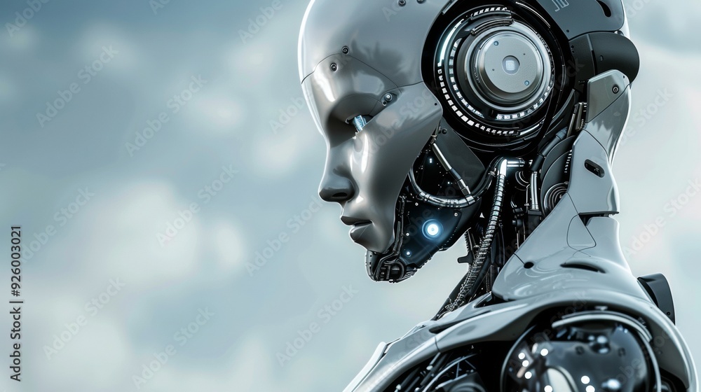 Poster a detailed side profile of a futuristic humanoid robot, featuring glowing components and sleek desig