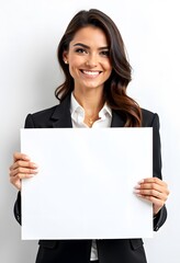 Naklejka premium Professional Woman Holding Blank Sign in Business Attire for Customizable Corporate Message or Branding