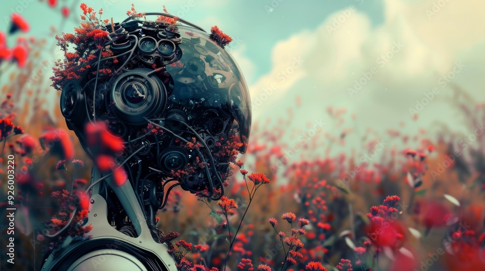 Poster a detailed side view of a robot in a field of vibrant flowers, blending nature with technology in a 