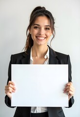 Fototapeta premium Professional Woman Holding Blank Sign in Business Attire for Customizable Corporate Message or Branding