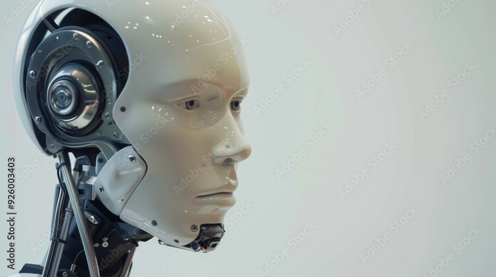 Poster a detailed side profile of a futuristic humanoid robot, featuring glowing components and sleek desig