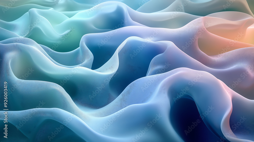 Poster serene abstract composition featuring fluid flowing waves in soft pastel tones calm and elegant with