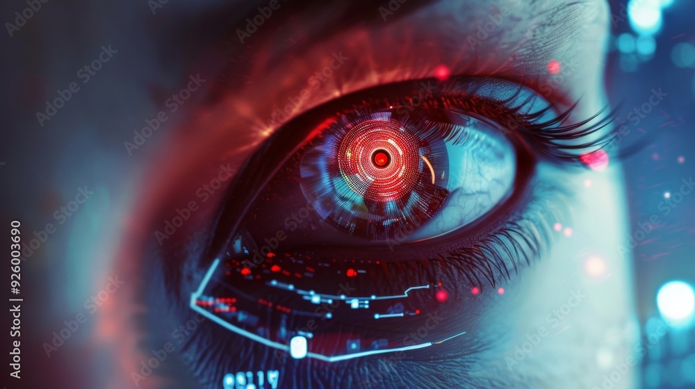 Poster a highly detailed close-up of a cybernetic eye with a glowing digital interface, symbolizing the fus