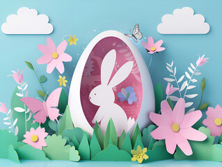 Whimsical Easter Landscape Paper Cut. Happy Easter with Colorful Paper Cut Rabbit and Egg Vibrant. Happy easter colorful paper cut rabbit egg poster design. Easter background flower plant art. 