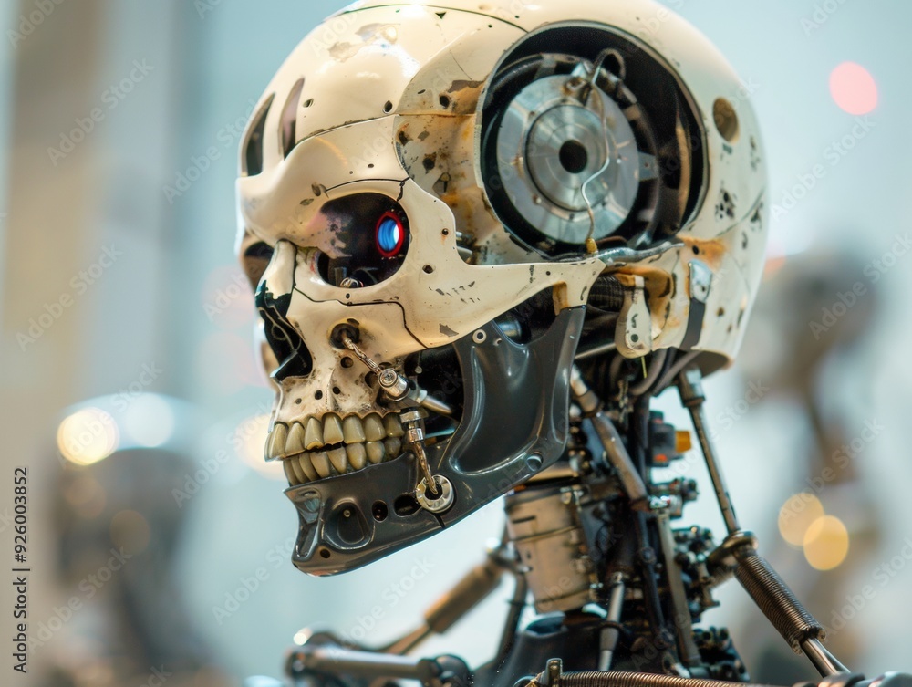 Poster close-up of a cyborg skull, showcasing exposed mechanical components and futuristic design, symboliz