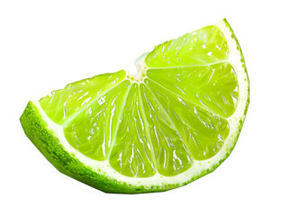 Ripe slice of green lime citrus fruit stand isolated on transparent background