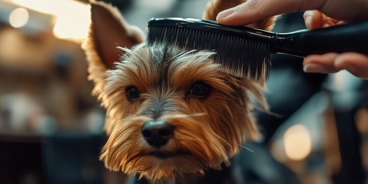 Close-up of a groomer brushing a dogG??s fur, highlighting the care and attention given to pet hygiene and grooming
