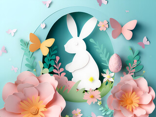 Whimsical Easter Landscape Paper Cut. Happy Easter with Colorful Paper Cut Rabbit and Egg Vibrant. Happy easter colorful paper cut rabbit egg poster design. Easter background flower plant art. 