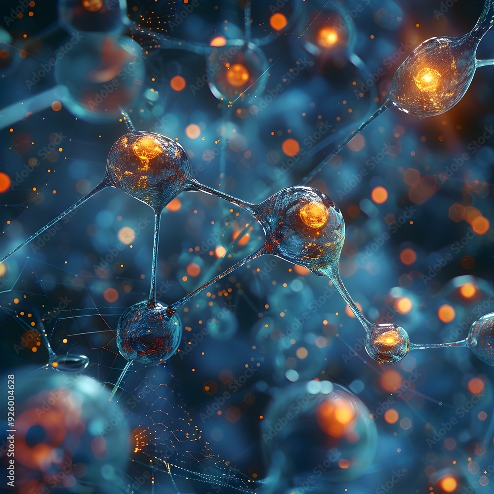 Poster mysterious neural network of futuristic cellular interconnections in alien tech environment