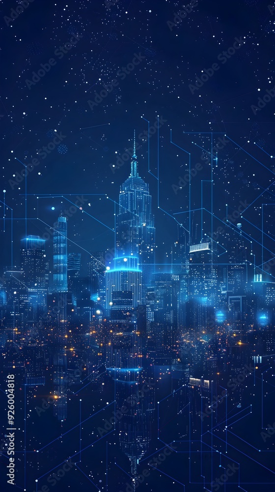 Poster futuristic wireframe cityscape showcasing smart city automation and wireless networks in illuminated