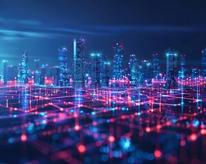 Vibrant Plexus of Smart City Networks in Low Poly Computerized Cityscape with Glowing Wireframe Connections against Dark Blue Background