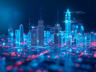 Illuminated Wireframe Cityscape with Futuristic Digital Connectivity