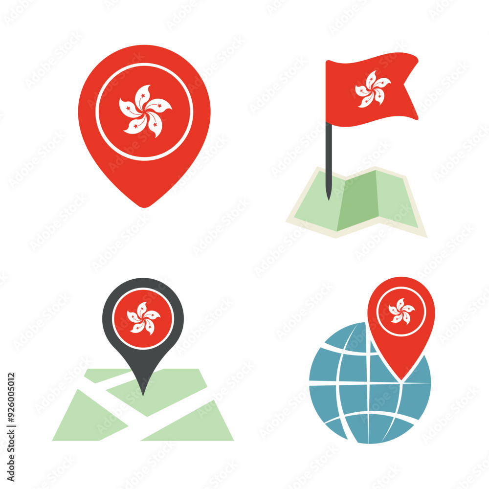 Aufkleber hong kong map pointer icons set, symbols of the flag of hong kong