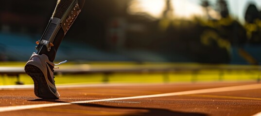 Disabled Athlete's Sprinting Prosthetic Running Blade in Motion on Professional Track