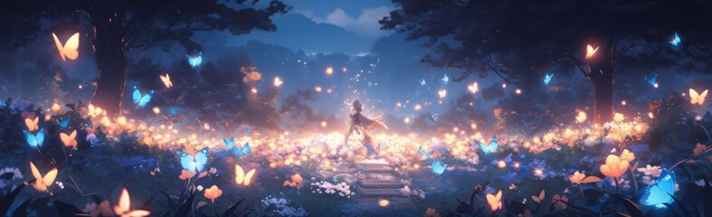 ,Enchanting Anime-Style Magical Garden Delight: A Whimsical Paradise of 3D Animated Butterflies, Fairies, and Luminescent Blooms in an Enchanted Natural Wonderland Perfect for Gaming Art and Storybook