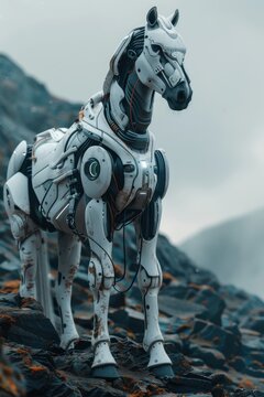 Futuristic robotic horse standing on rocky terrain with misty background, showcasing advanced technology and sleek design.