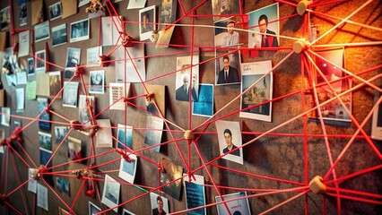 Fototapeta premium Intense investigation board with red strings connecting clues and photos, mystery, detective work
