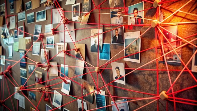 Intense investigation board with red strings connecting clues and photos, mystery, detective work