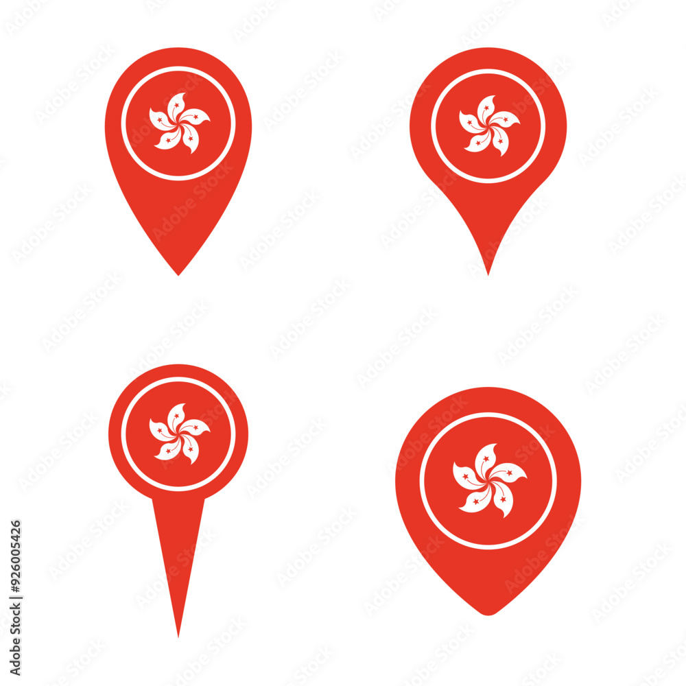 Poster hong kong map pointer icons set, symbols of the flag of hong kong
