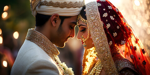 Indian wedding. Groom dressed in white Sherwani with stunning bride in lehenga during the Saptapadi ceremony on Hindu spousal. Celebration of special day of love marriage ceremony concept