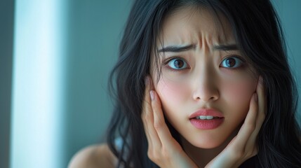 A young woman with a worried expression holds her face in disbelief while looking thoughtfully outside
