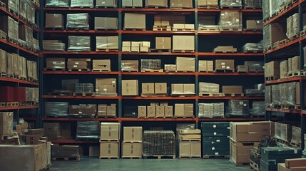 A warehouse full of stacked boxes. This image can be used for concepts like logistics, shipping, or storage.