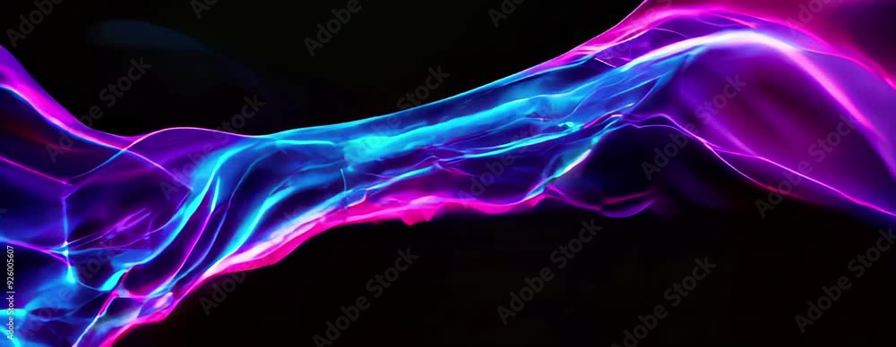Poster abstract wavy lines of blue and purple gradient on a dark background with copy space area.