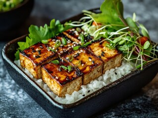 A delicious serving of grilled tofu on rice, garnished with greens and sesame seeds.