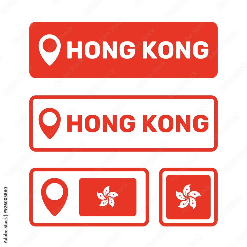 Poster hong kong map pointer icons set, symbols of the flag of hong kong