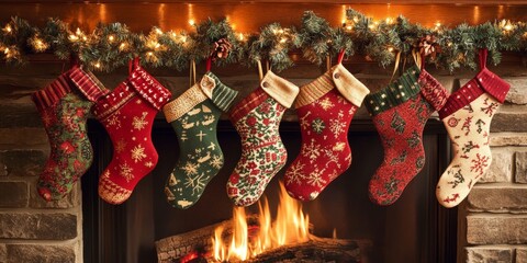 Detailed image of a collection of festive stockings hanging by the fireplace, showcasing the traditional and cozy aspects of holiday decorations