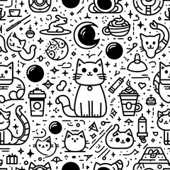 Seamless Pattern with Cute Cats, Coffee and Other Doodle Elements