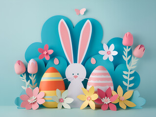 Whimsical Easter Landscape Paper Cut. Happy Easter with Colorful Paper Cut Rabbit and Egg Vibrant. Happy easter colorful paper cut rabbit egg poster design. Easter background flower plant art. 