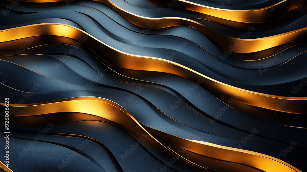 Poster seamless pattern of dynamic flowing waves with golden accents on a sleek black background luxurious 
