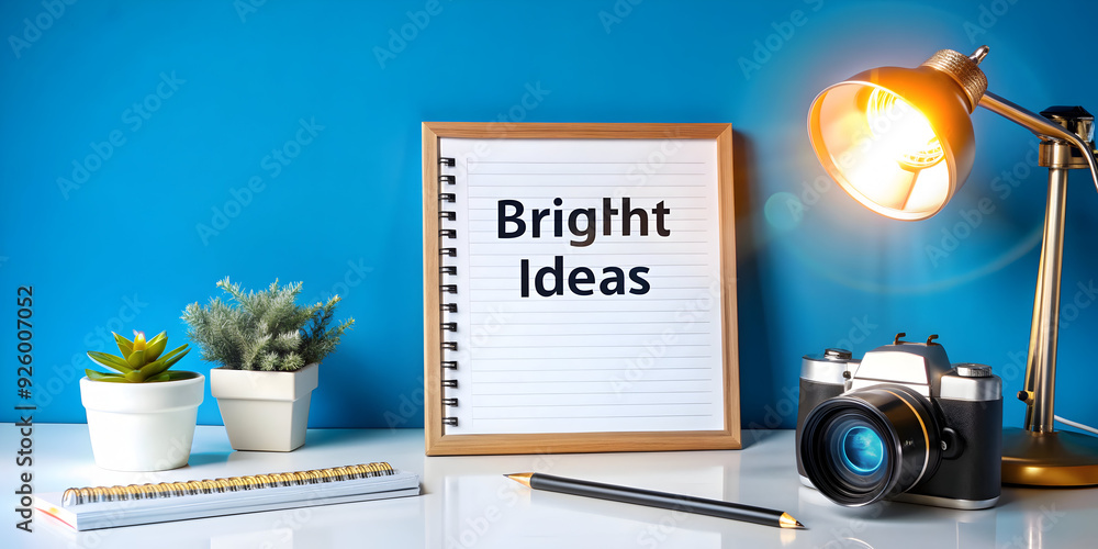 Poster modern desk setup with bright ideas planner - emphasizing planning and creativity for remote work. m