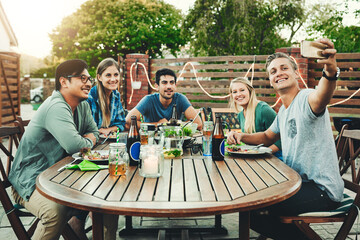 Lunch, friends and smile in backyard for selfie, photography and capture memories to document for future. Outdoor, happy people and profile picture for social media in reunion, gathering and bonding