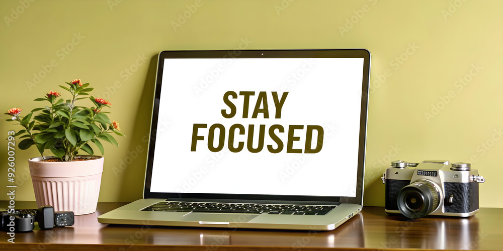 Poster desk organizer and laptop with 'stay focused' text in a border frame. clean and organized workspace 