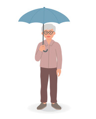 Elderly man wearing glasses holding an umbrella, in happy mood