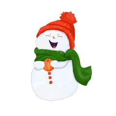 Christmas snowman with red hat and buttons and green scarf holds peeled tangerine in hands and smiles widely color digital watercolor illustration for printing and web use