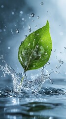 Close-up of a green leaf splashing into water with droplets, on a soft blue gradient background. Concept of freshness and nature