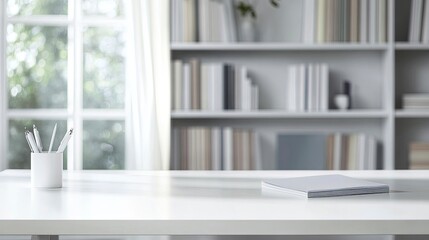 Cropped shot of white table with books, stationery and copy space in blurred study room. generative ai