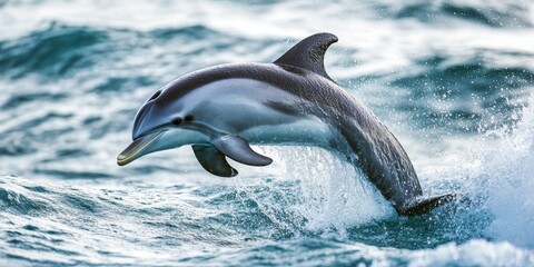 Fototapeta premium Close-up of a playful dolphin jumping out of the ocean, illustrating the dynamic and playful nature of marine wildlife