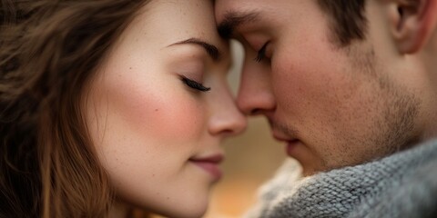 Macro shot of a couple sharing a quiet, affectionate moment, emphasizing the intimacy and natural connection in candid portraits