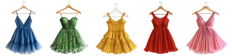 Fashionable summer dresses in various colors on hangers vibrant clothing transparent background