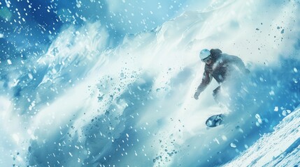 Dynamic Snowboarder Carving Through Fresh Powder on Mountain Slope in Winter Landscape